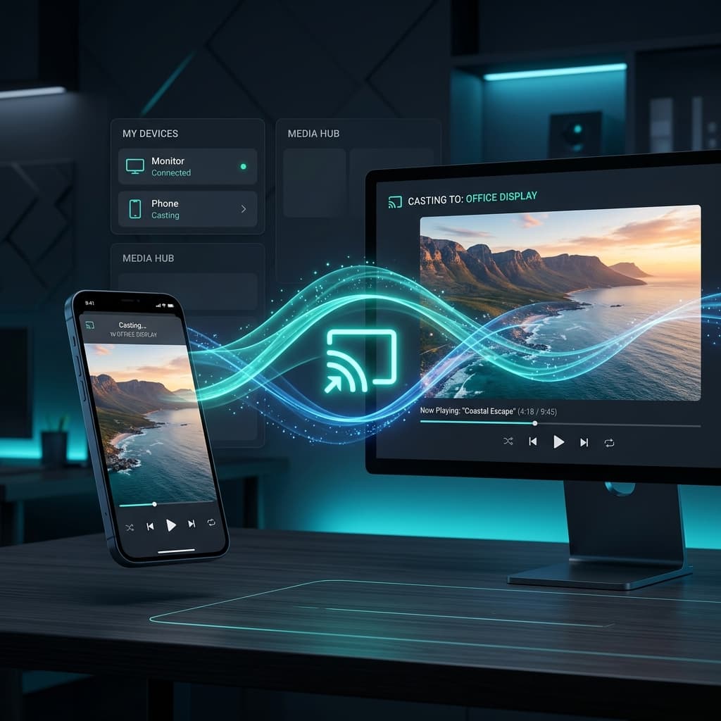 Mobile Caster mirroring a phone screen to a desktop monitor in real time